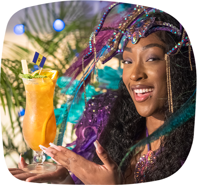 Barbados Rum Punch cocktail dancer in colorful carnival costume