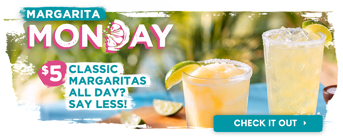 Bahama Breeze Classic and Frozen Margaritas served on a glass for Margarita Monday's. There is text on the image that reads: '5 dollar Classic Margaritas All Day? Say Less! Check it out!'