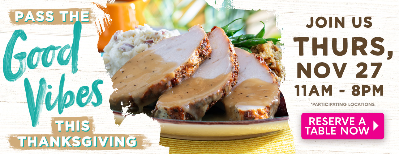 Plate of Thanksgiving dinner next to text that reads 'Pass the Good Vibes this Thanksgiving, Join us Thurs, Nov 27.'