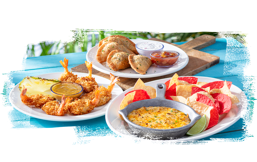 Happy Hour apps include Beef Empanadas, Crispy Coconut Shrimp with Citrus Mustard Dipping Sauce, and Crab and Three Cheese Dip Served with Tortilla Chips