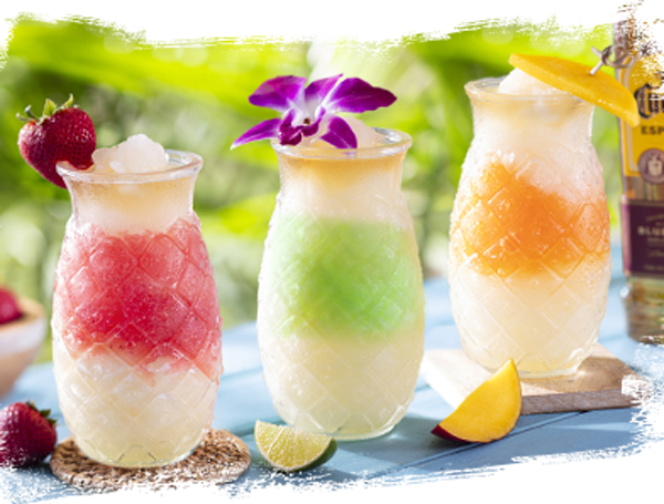Strawberry, Kiwi-Melon, and Mango Frozen Margaritas from Bahama Breeze.