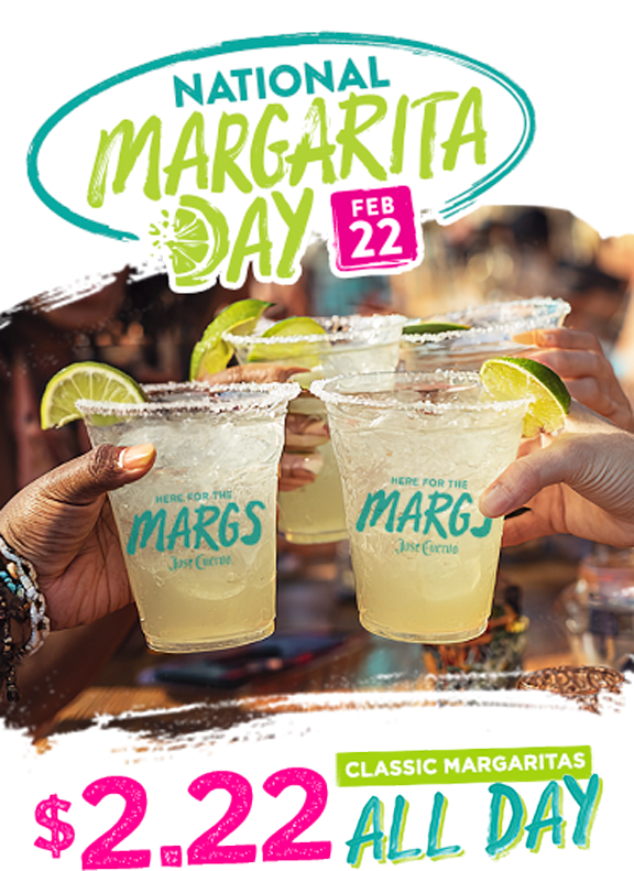 Two Classic Margaritas with lime wedges and salt rims, National Margarita Day February 22, $2.22 all day at Bahama Breeze.